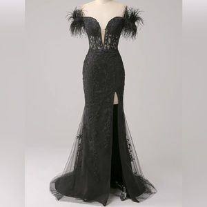 Prom dress arrived late! Off the Shoulder Black Mermaid Prom Dress with Feathers